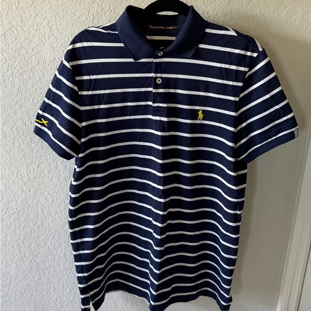Polo by Ralph Lauren Navy and White Striped Polo with Yellow Pony
